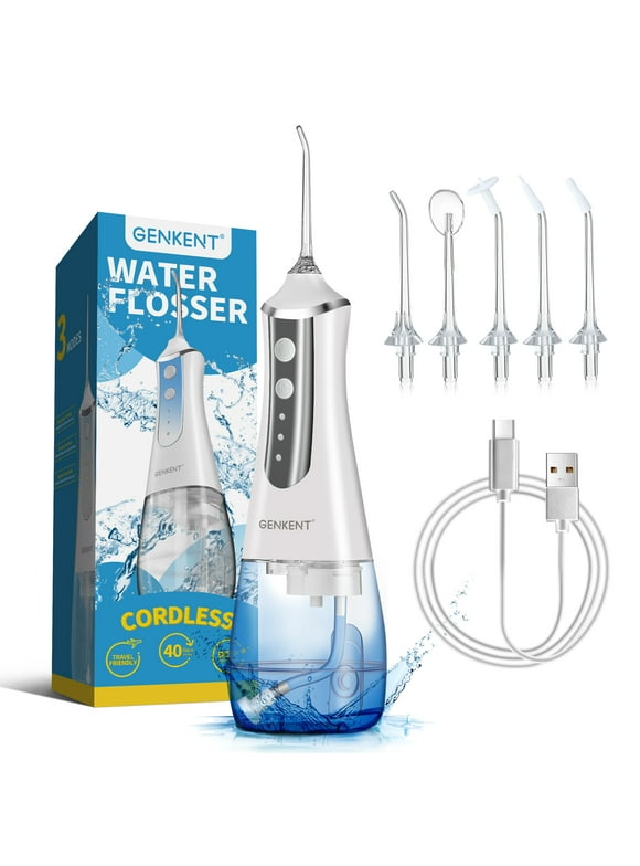 GENKENT Water Flosser for Teeth, Cordless Dental Flosser 3 Modes 5 Tips Rechargeable, White