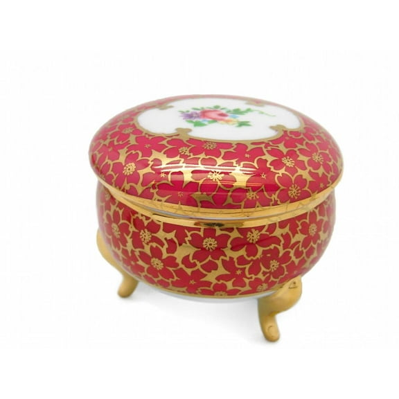 GENL Victorian Antique Round Ceramic Jewelry Box Antique Red