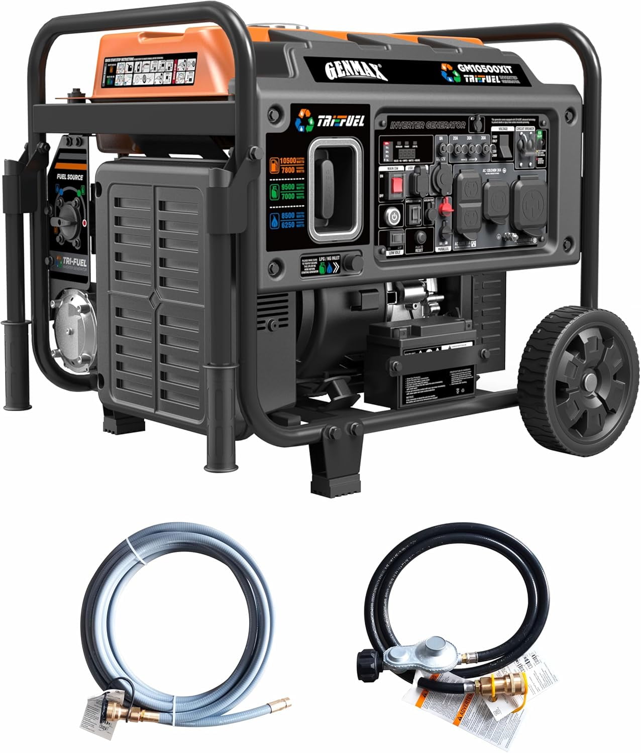 GENMAX 10500-Watt Tri Fuel Open Frame Inverter Generator,with ATS,Quiet Technology,CO Sensor,digital display and 50A,Ideal for Home backup,contruction site and RV Camping
