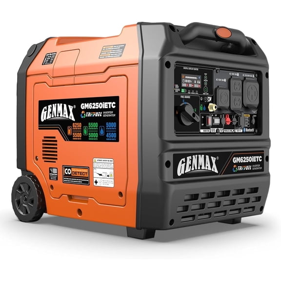 Genmax 6250W Tri-Fuel Silent Inverter Generator , Bluetooth App, 2-Wire Auto Start, CO Sensor, 50A Outlet, Home Backup & Camping, EPA Compliant