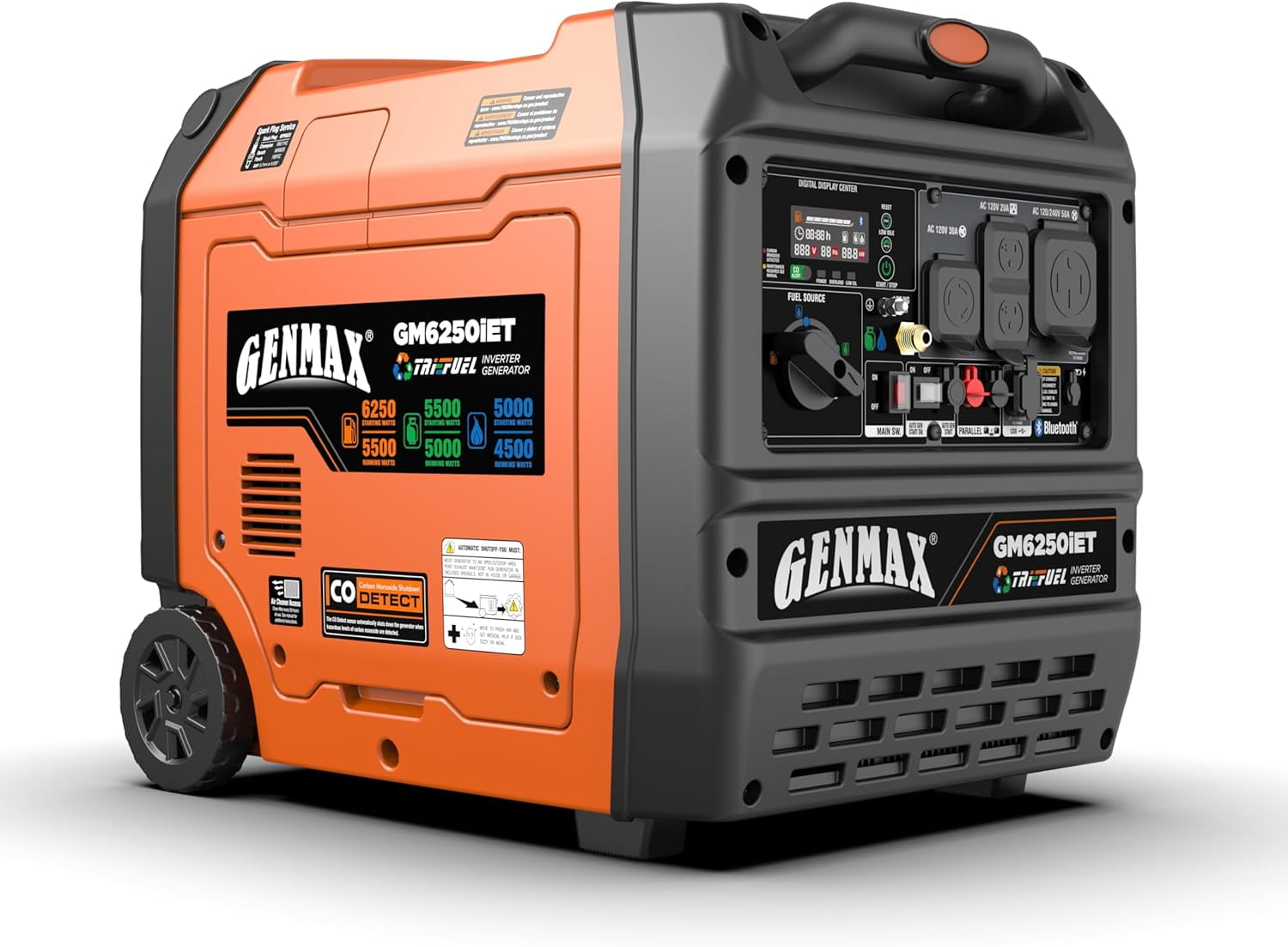 GENMAX 6250W Tri-Fuel Silent Inverter Generator 2026 New Model - 2-Wire Auto Start, Bluetooth APP Control, CO Sensor, 50A Outlet & Digital Display - EPA Compliant for Home Backup & Camping