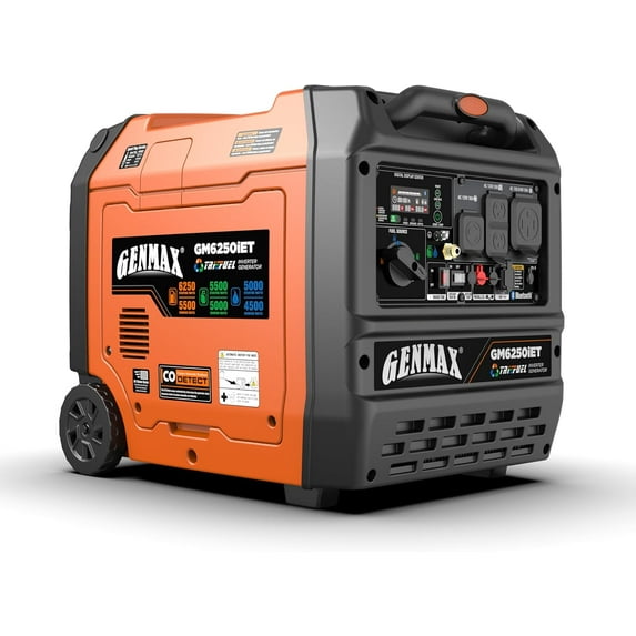 GENMAX 6250W Tri-Fuel Silent Inverter Generator 2026 New Model - 2-Wire Auto Start, Bluetooth APP Control, CO Sensor, 50A Outlet & Digital Display - EPA Compliant for Home Backup & Camping