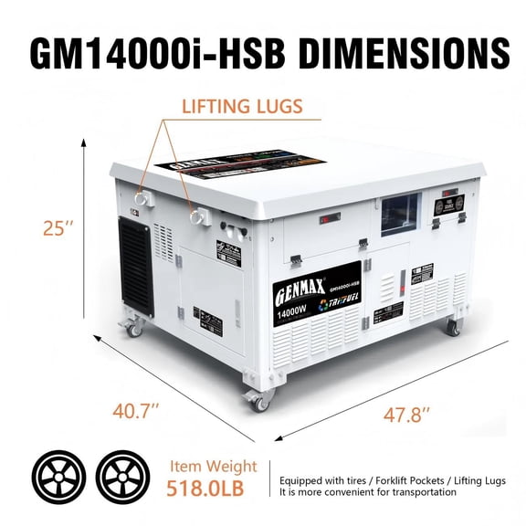 GENMAX GM14000i-HSB Tri-Fuel Standby Inverter Generator, 14000 Peak Watts 13000 Rated Watts, Remote & Push Button Start, CO Safety Shutoff
