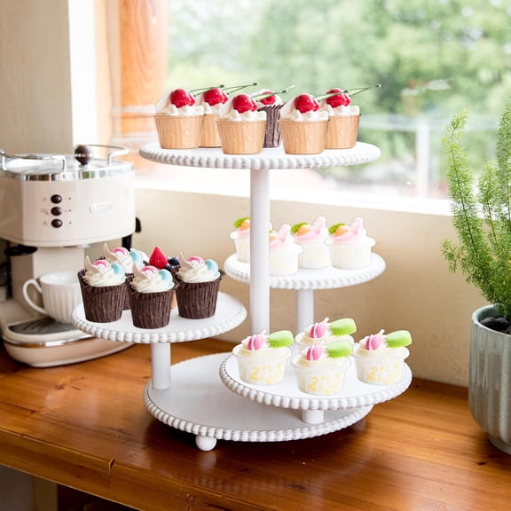 GENMOUS 4 Tiered Beaded Cake and Cupcake Stand Combo for Birthday Party Decor, Rustic Wooden Cupcake Tower Stands for 50 Cupcakes, White Cupcake Tier Stand Display for Wedding  Shower Tea Party