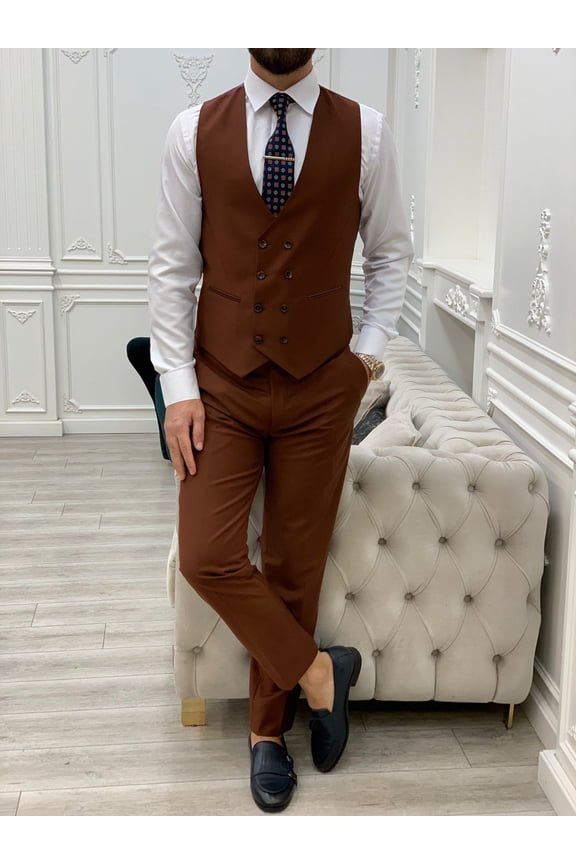 GENT WITH Men’s Brown 3 Piece Slim Fit Suit, Italian Designed Coat Pants, Wedding Groom Party Wear Suit