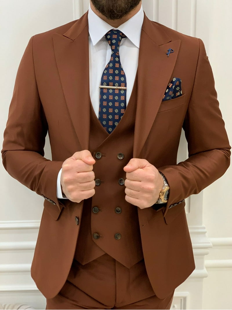 GENT WITH Men's Brown Piece Slim Fit Suit, Italian Designed Coat