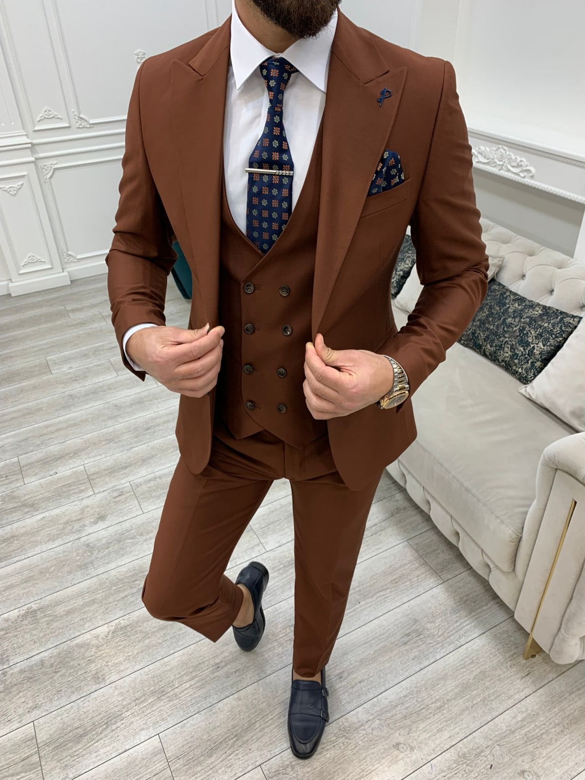 GENT WITH Men's Brown Piece Slim Fit Suit, Italian Designed Coat