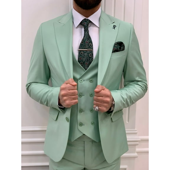GENT WITH Men’s Light Green 3 Piece Slim Fit Suit, Italian Designed Coat Pants, Wedding Groom Party Wear Suit