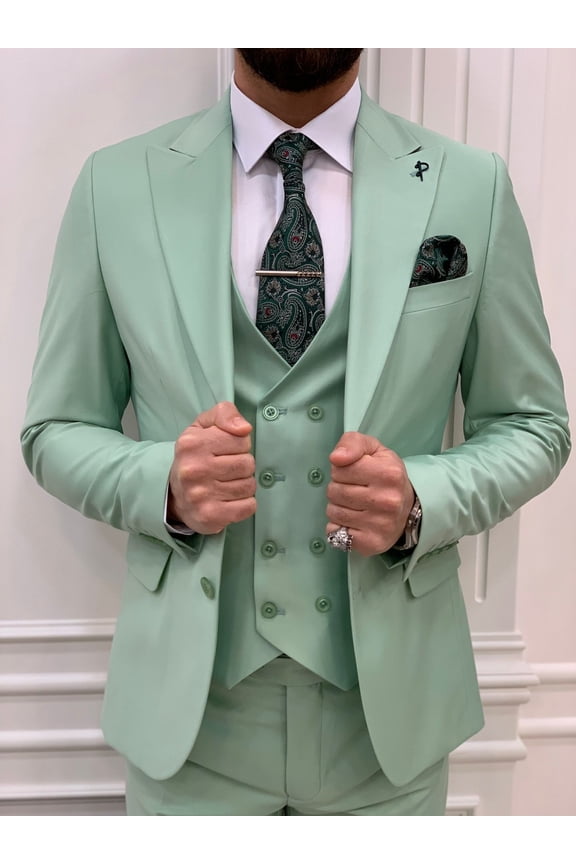 GENT WITH Men’s Light Green 3 Piece Slim Fit Suit, Italian Designed Coat Pants, Wedding Groom Party Wear Suit