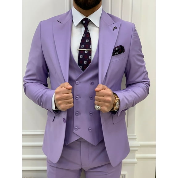 GENT WITH Men’s Light Purple 3 Piece Slim Fit Suit, Italian Designed Coat Pants, Wedding Groom Party Wear Suit