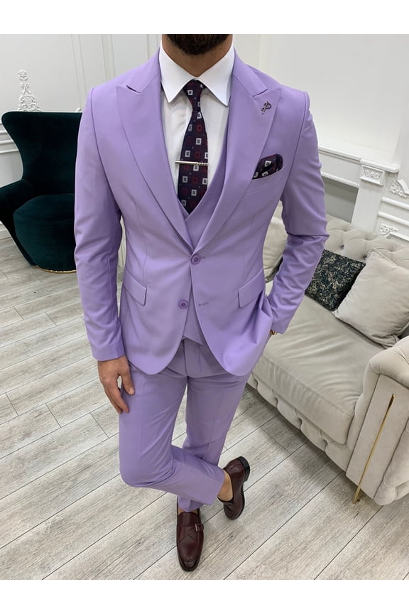 GENT WITH Men’s Light Purple 3 Piece Slim Fit Suit, Italian Designed Coat Pants, Wedding Groom Party Wear Suit