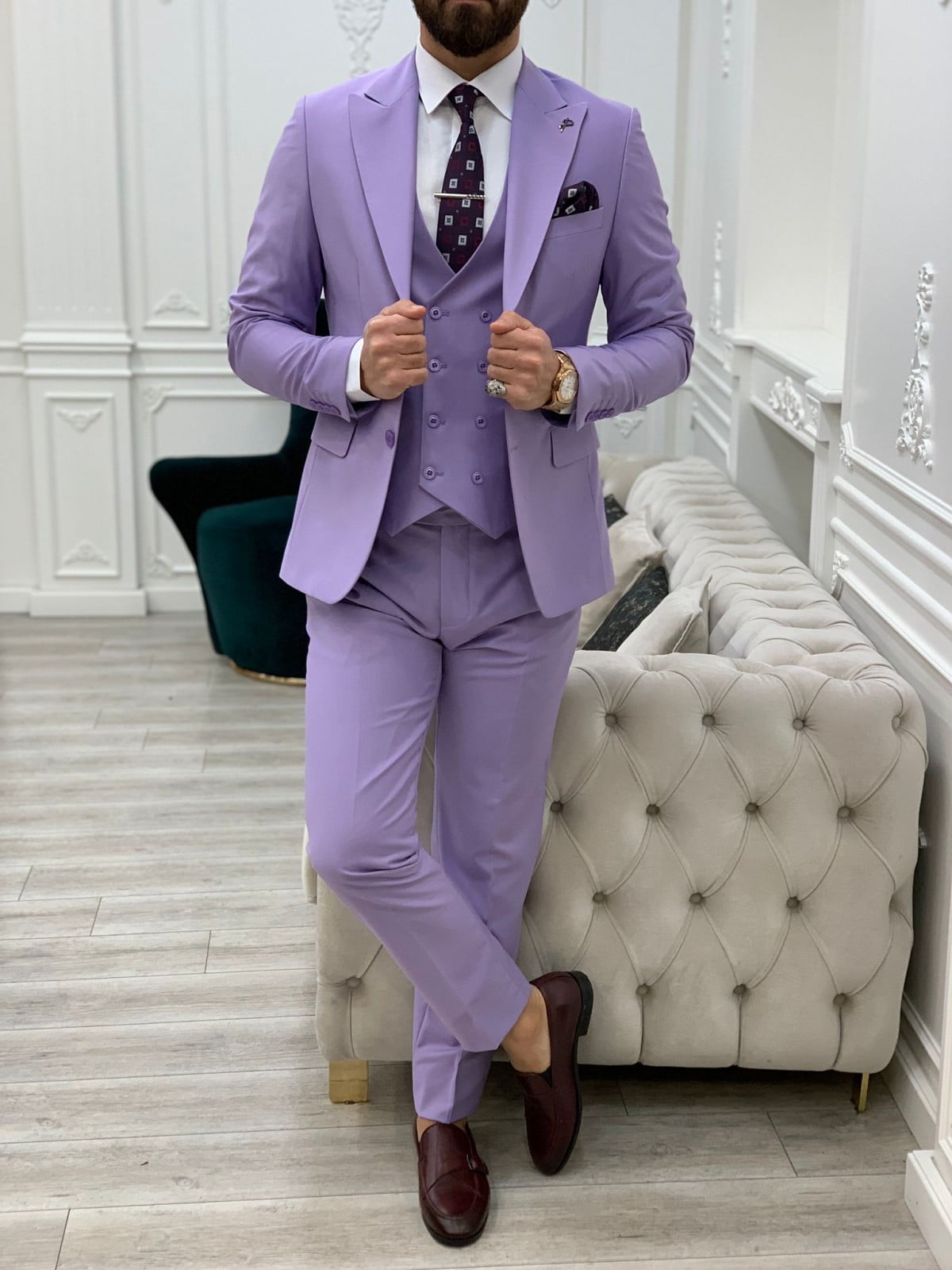 fitted lace wedding dress Men Wedding Suit Purple Dinner Suit Purple Elegant Purple Wear Sainly 46 / 52 main image 1