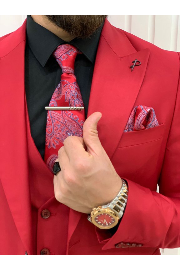 GENT WITH Men’s Red 3 Piece Slim Fit Suit, Italian Designed Suit, Wedding Groom Party Wear Coat Pants
