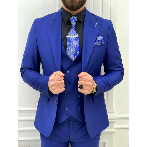 GENT WITH Men’s Royal Blue 3 Piece Slim Fit Suit, Italian Designed Suit, Wedding Groom Party Wear Coat Pants