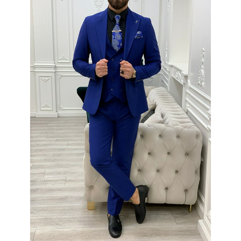 Elegant Mens Tailored Wedding Slim Fit Tuxedo Mans Royal Blue Suit Blazer  Vest Pants