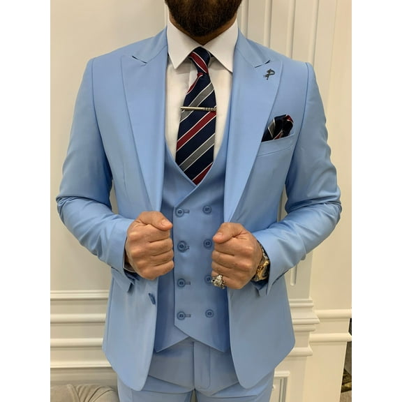 GENT WITH Men’s Sky Blue 3 Piece Slim Fit Suit, Italian Designed Coat Pants, Wedding Groom Party Wear Suit