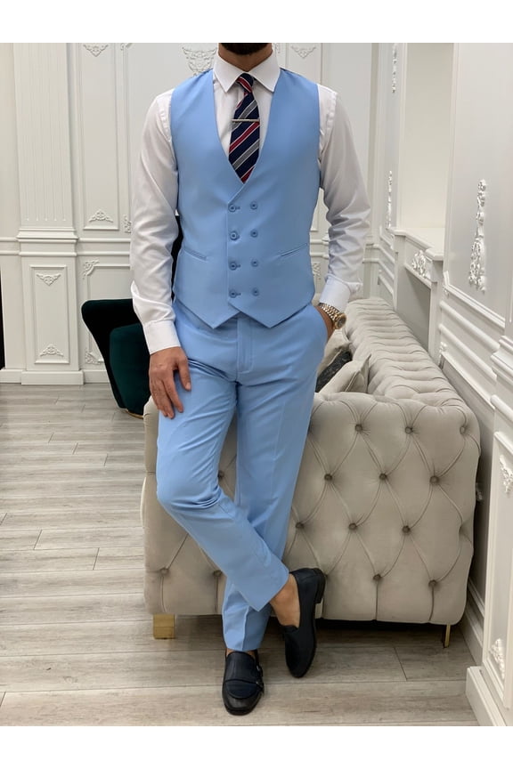 GENT WITH Men’s Sky Blue 3 Piece Slim Fit Suit, Italian Designed Coat Pants, Wedding Groom Party Wear Suit