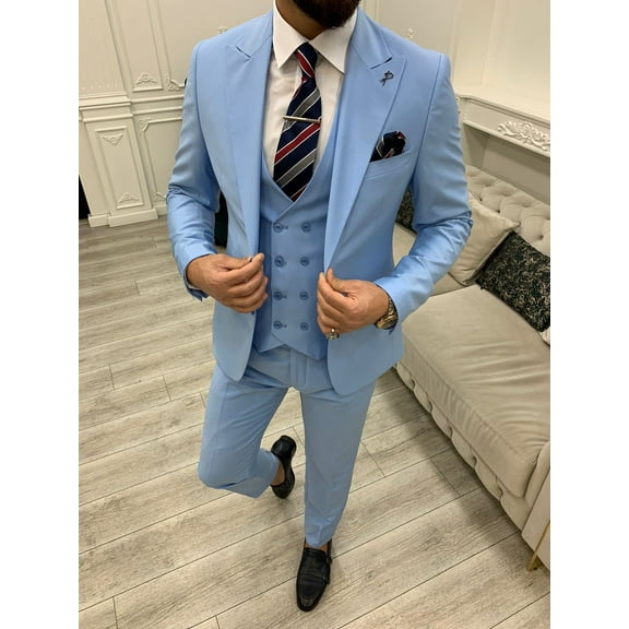 GENT WITH Men’s Sky Blue 3 Piece Slim Fit Suit, Italian Designed Coat Pants, Wedding Groom Party Wear Suit