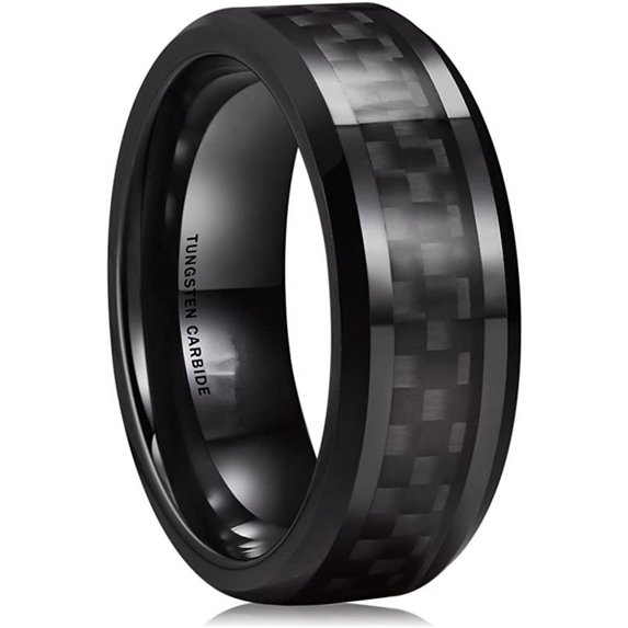 GENTLEMAN 8mm Black Tungsten Carbide Ring Black/Red/Green/Blue Carbon Fiber Inlay Polished Finish Edges Comfort Fit