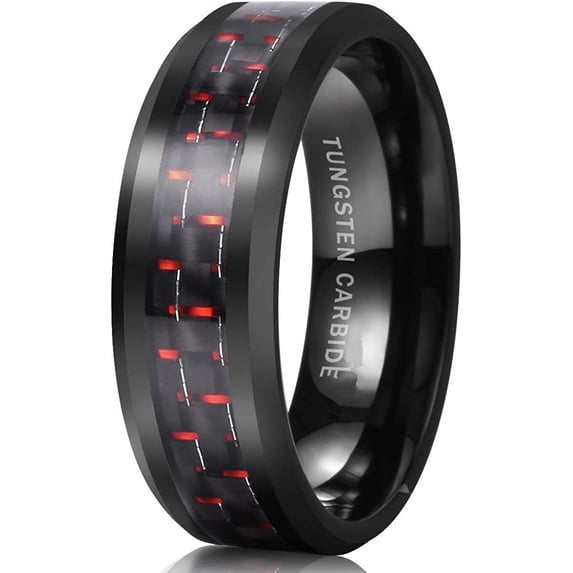 GENTLEMAN 8mm Black Tungsten Carbide Ring Black/Red/Green/Blue Carbon Fiber Inlay Polished Finish Edges Comfort Fit