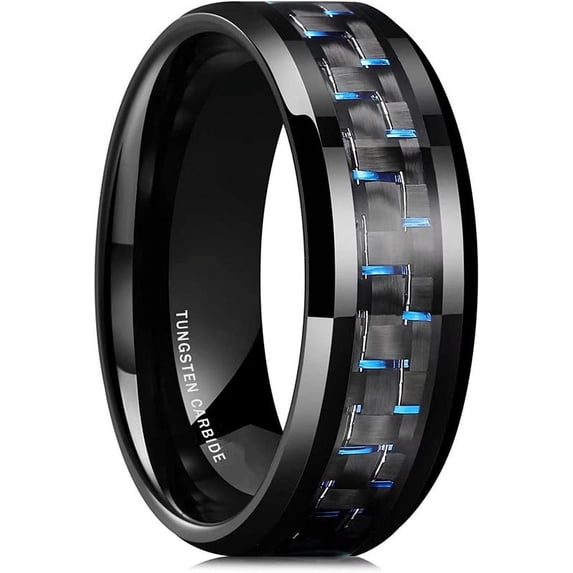 GENTLEMAN 8mm Black Tungsten Carbide Ring Black/Red/Green/Blue Carbon Fiber Inlay Polished Finish Edges Comfort Fit
