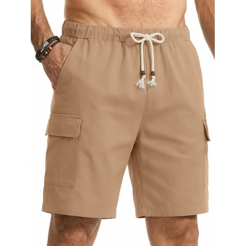 Cargo Men Linen Shorts Elastic Waist Drawstring Shorts for Men Summer Beach Shorts with Pockets