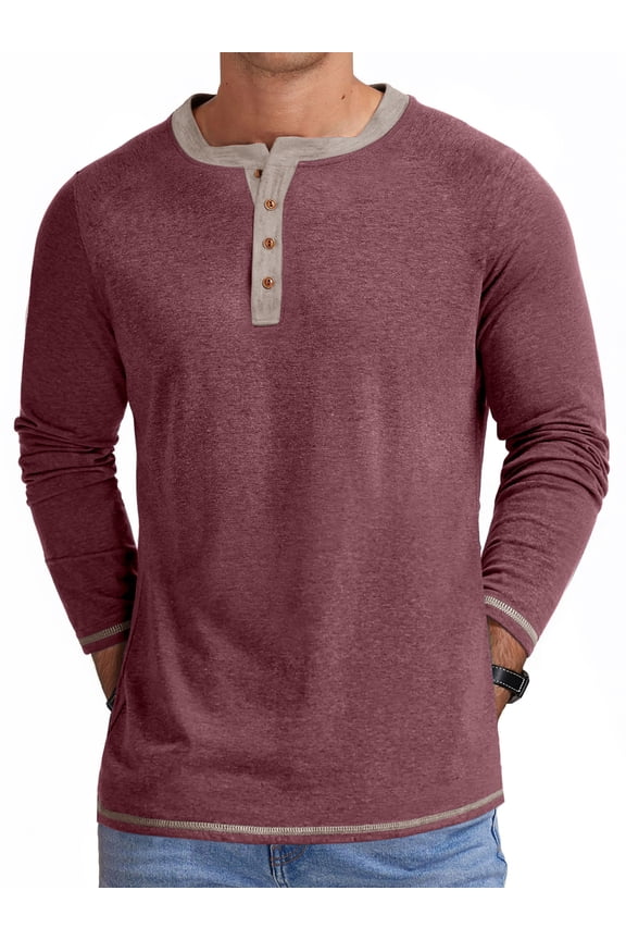 Crew Neck Henley Men Shirts Long Sleeve Shirts for Men Casual Color Block Tops