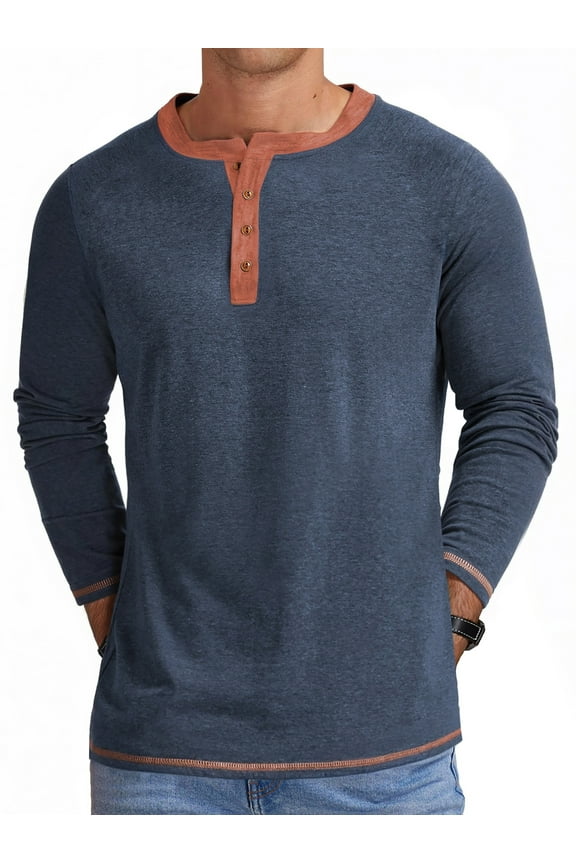 Crew Neck Henley Men Shirts Long Sleeve Shirts for Men Casual Color Block Tops