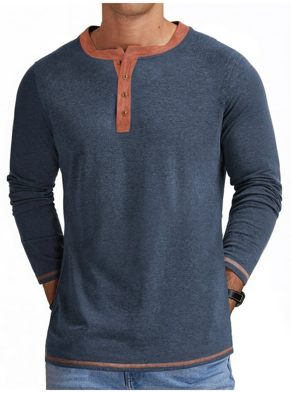 Crew Neck Henley Men Shirts Long Sleeve Shirts for Men Casual Color Block Tops