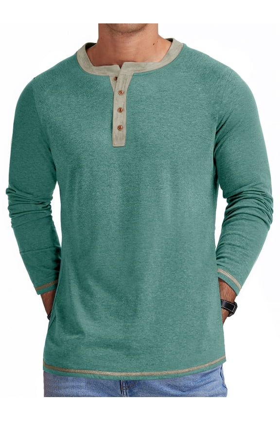 Crew Neck Henley Men Shirts Long Sleeve Shirts for Men Casual Color Block Tops