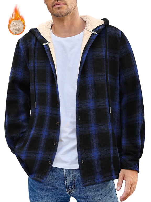 Flannel Shirts for Men Plaid Button Up Men Shirts Fleece Hooded Men Jacket Coat with Pocket