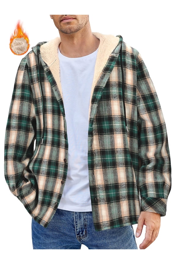 Flannel Shirts for Men Plaid Button Up Men Shirts Fleece Hooded Men Jacket Coat with Pocket