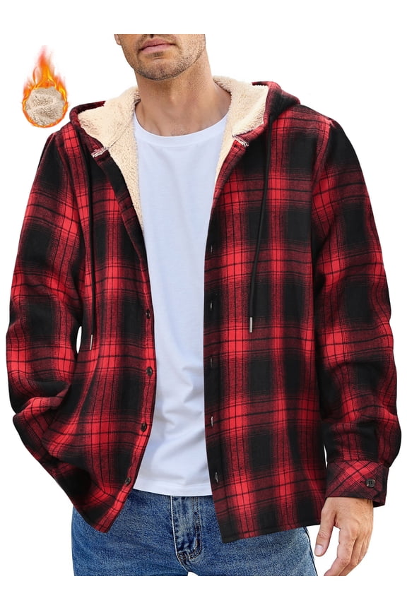 Flannel Shirts for Men Plaid Button Up Men Shirts Fleece Hooded Men Jacket Coat with Pocket