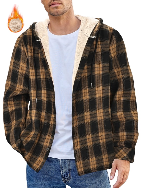 Flannel Shirts for Men Plaid Button Up Men Shirts Fleece Hooded Men Jacket Coat with Pocket