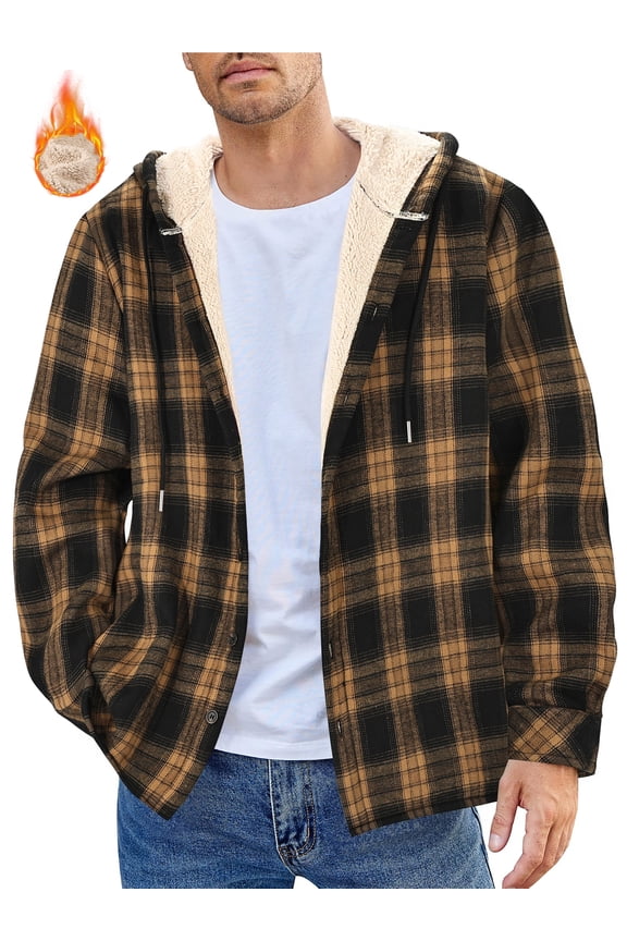 Flannel Shirts for Men Plaid Button Up Men Shirts Fleece Hooded Men Jacket Coat with Pocket