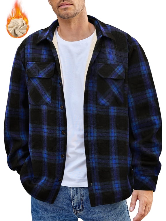 Flannel Shirts for Men Plaid Button Up Men Shirts Fleece Men Jacket Coat with Pocket