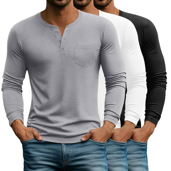 GENTS BLISS 3 Pack Henley Men Shirts Long Sleeve Plain T Shirts for Men Casual Men Tee with Pocket