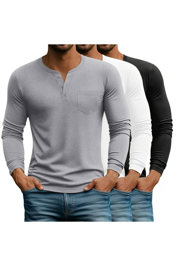 3 Pack Henley Men Shirts Long Sleeve Plain T Shirts for Men Casual Men Tee with Pocket
