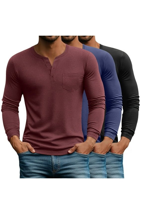 3 Pack Henley Men Shirts Long Sleeve Plain T Shirts for Men Casual Men Tee with Pocket