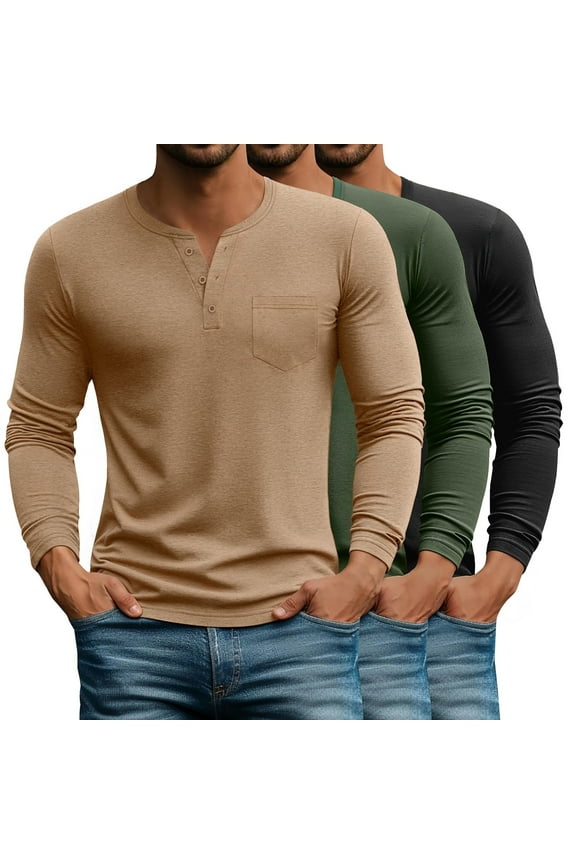 3 Pack Henley Men Shirts Long Sleeve Plain T Shirts for Men Casual Men Tee with Pocket
