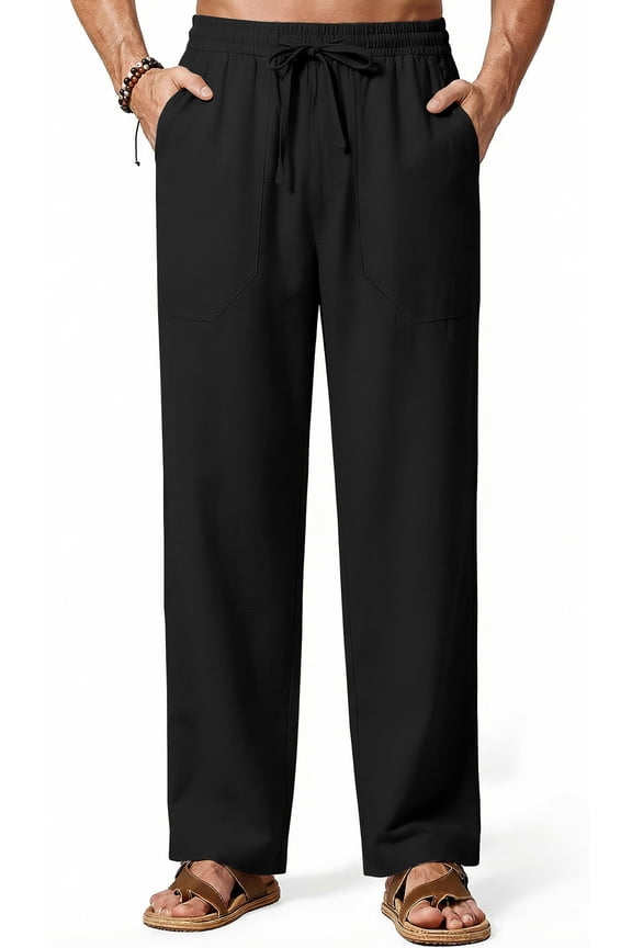 Linen Men Pants Elastic Waist Drawstring Pants for Men Casual Beach Men Pants with Pocket