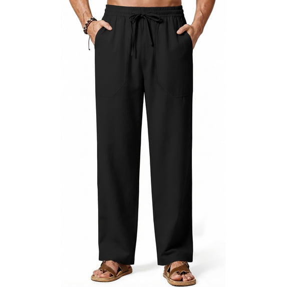 GENTS BLISS Linen Men Pants Elastic Waist Drawstring Pants for Men Casual Beach Men Pants with Pocket