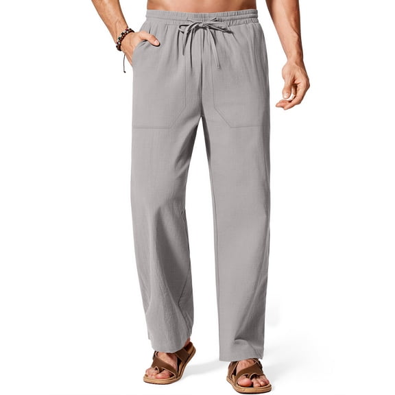 GENTS BLISS Linen Men Pants Elastic Waist Drawstring Pants for Men Casual Beach Men Pants with Pocket