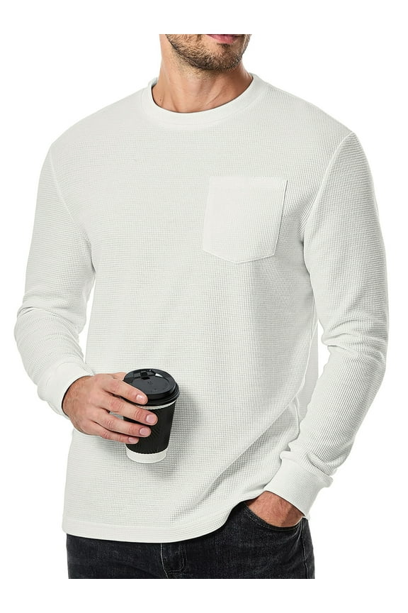 Long Sleeve Men Shirts Crew Neck Waffle Shirts for Men Lightweight Men T shirts with Pocket