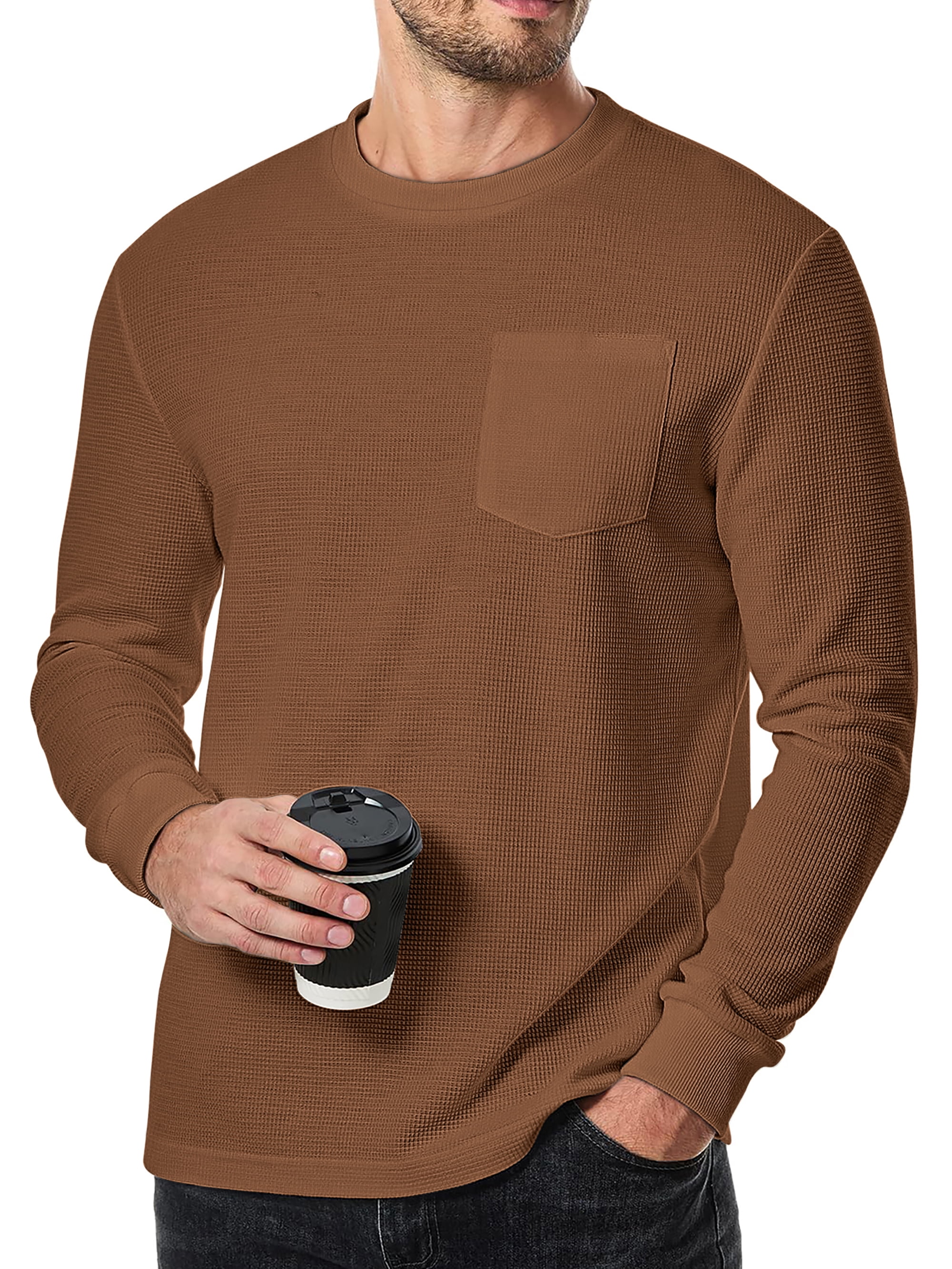 Long Sleeve Men Shirts Crew Neck Waffle Shirts for Men Lightweight Men T shirts with Pocket