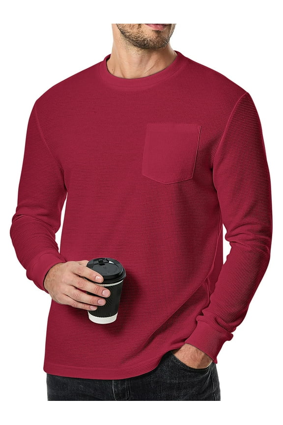 Long Sleeve Men Shirts Crew Neck Waffle Shirts for Men Lightweight Men T shirts with Pocket