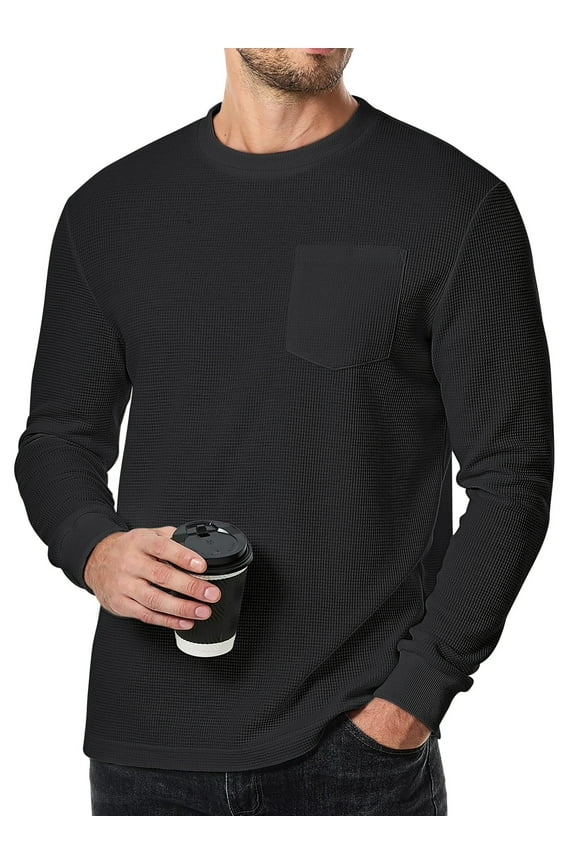 Long Sleeve Men Shirts Crew Neck Waffle Shirts for Men Lightweight Men T shirts with Pocket