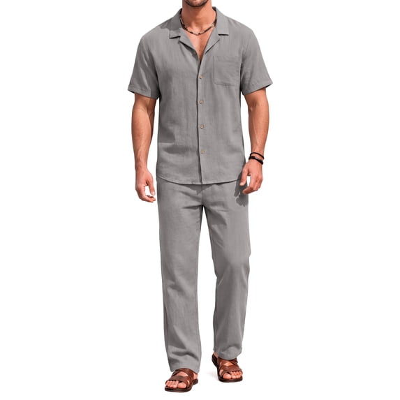 GENTS BLISS Men 2 Piece Set Linen Outfit Casual Short Sleeve Button Down Shirt and Linen Pants