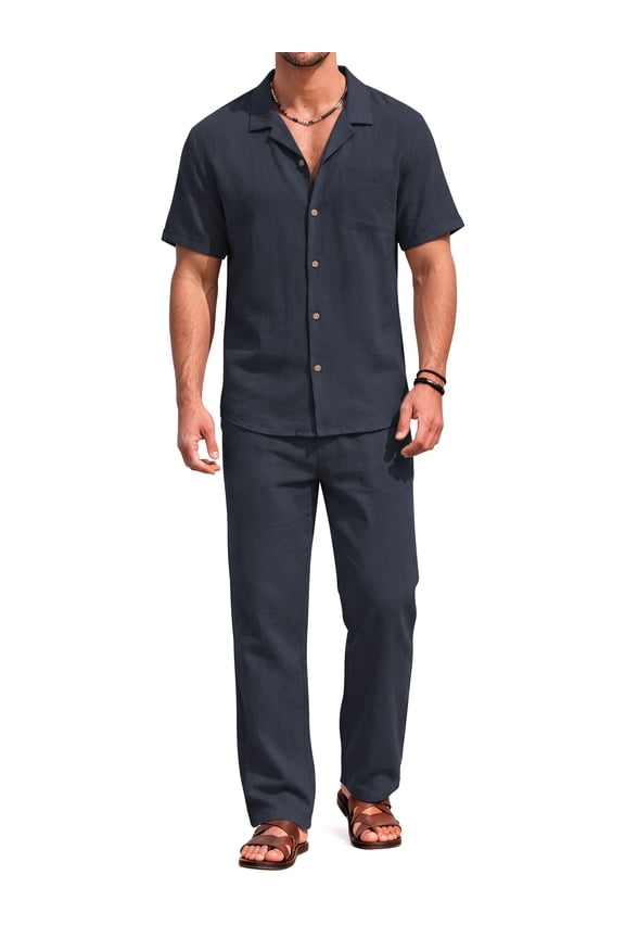 Men 2 Piece Set Linen Outfit Casual Short Sleeve Button Down Shirt and Linen Pants