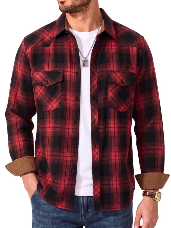Men Flannel Shacket Long Sleeve Plaid Shirts for Men Button Down Men Shirts Lightweight Men Jacket with Pocket